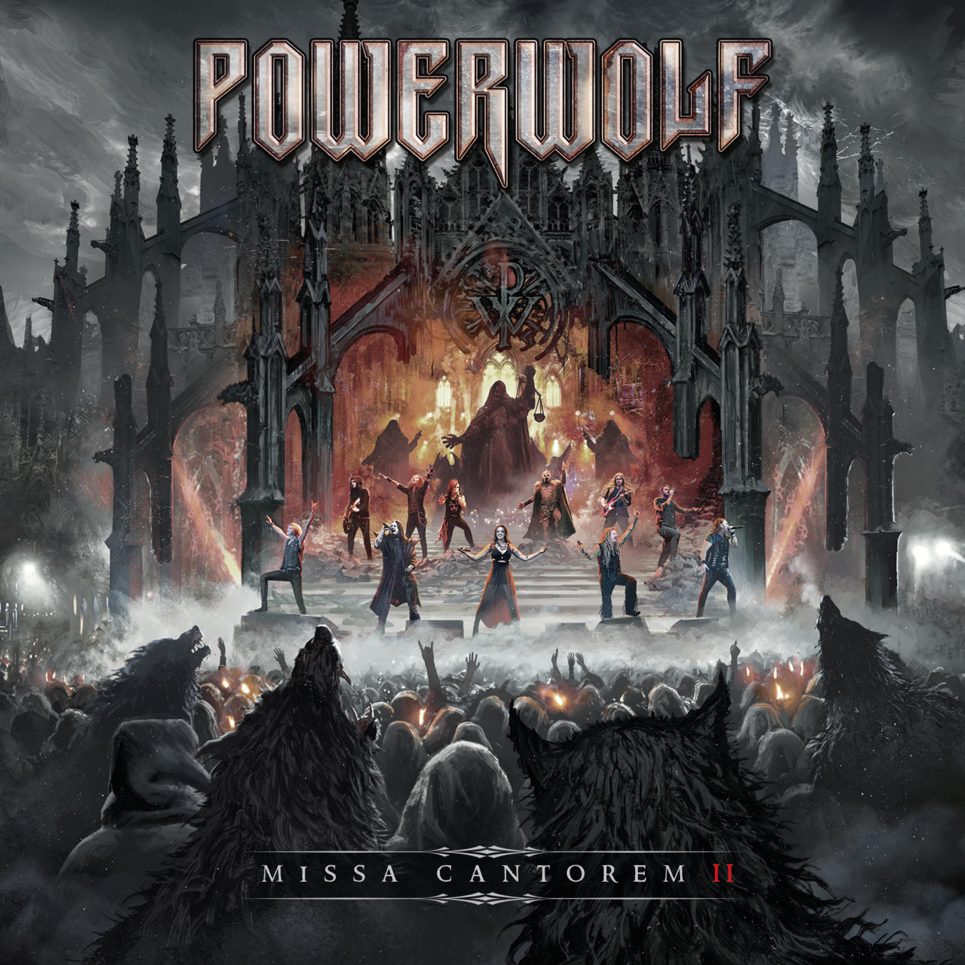 A Powerwolf album borítója, amely egy sötét gótikus épületet és egy tömeg embert ábrázol.