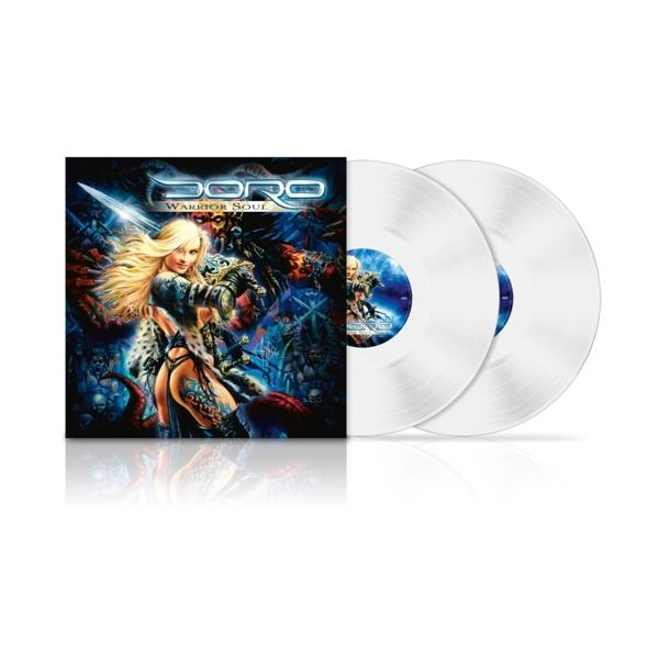 Album borító: Doro, Warrior Soul. Egy szőke nő karddal. Két fehér bakelitlemez látható.