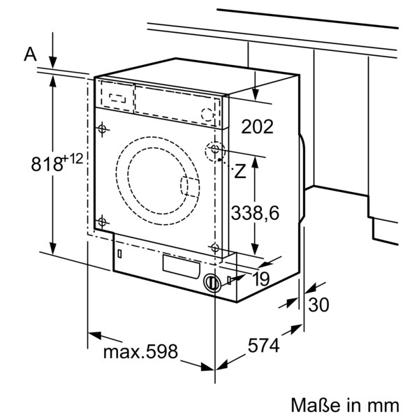 Diagramm einer Waschmaschine, das Abmessungen und Installationsdetails zeigt. Maße sind in Millimetern angegeben.