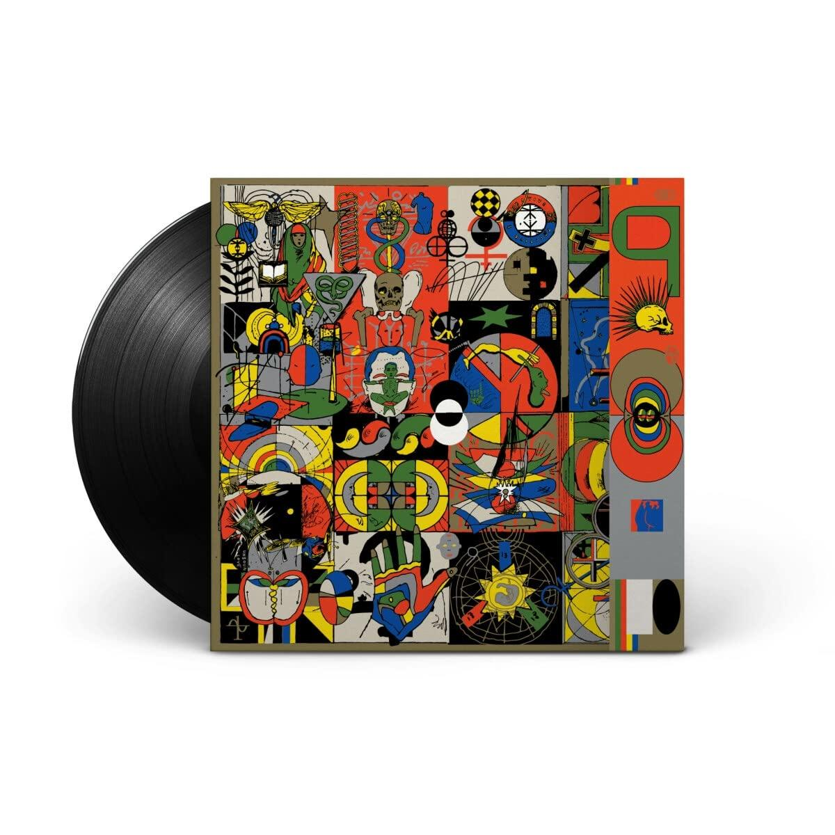 Eine Vinyl-Schallplatte und ein Albumcover mit farbenfroher abstrakter Kunst.