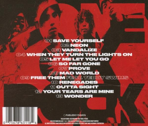 Albumcover mit Bandmitgliedern, Trackliste in Rot und schwarzem Text. Rotes und schwarzes Farbschema.