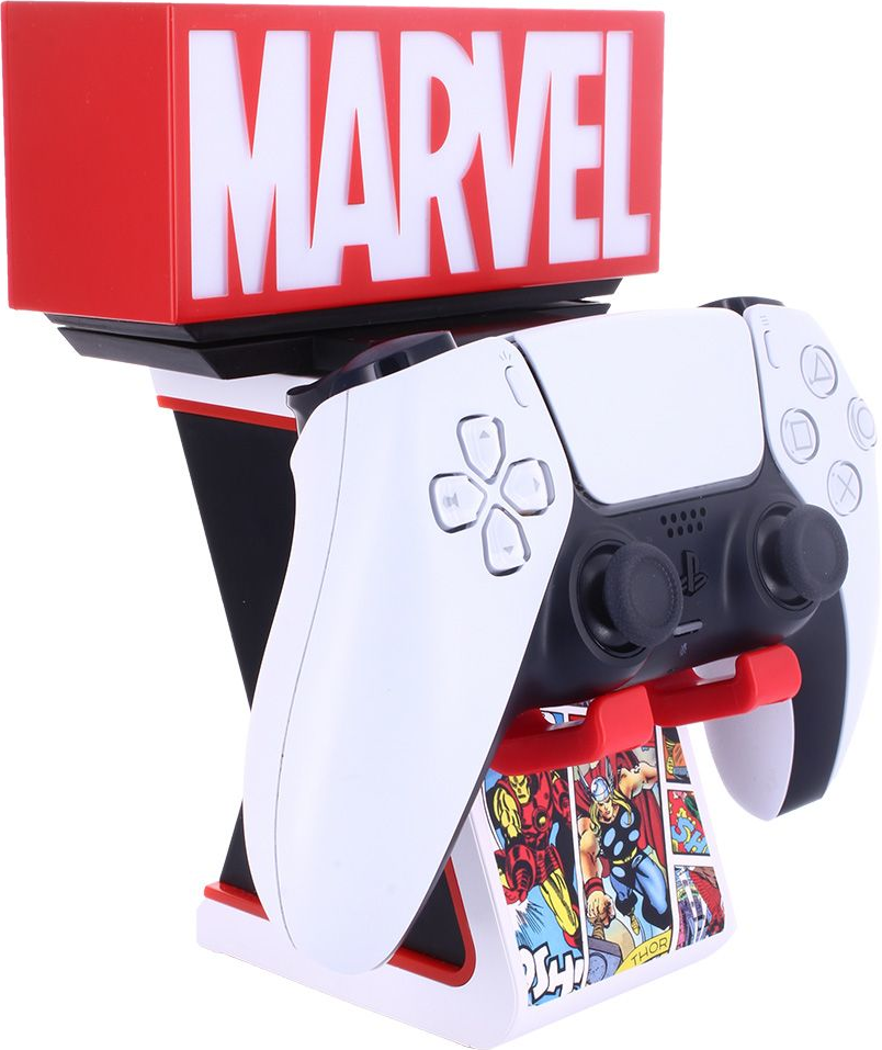 Un supporto per controller Marvel con un controller PlayStation bianco e arte fumettistica.