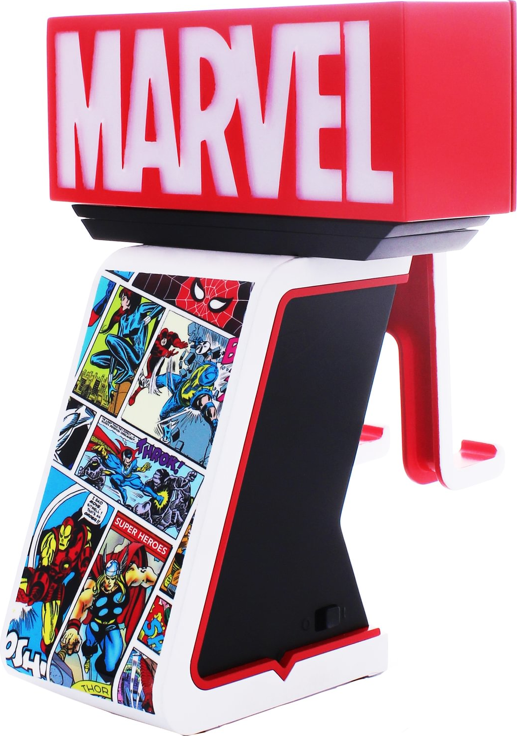 Un supporto per telefono Marvel con il logo Marvel e fumetti.