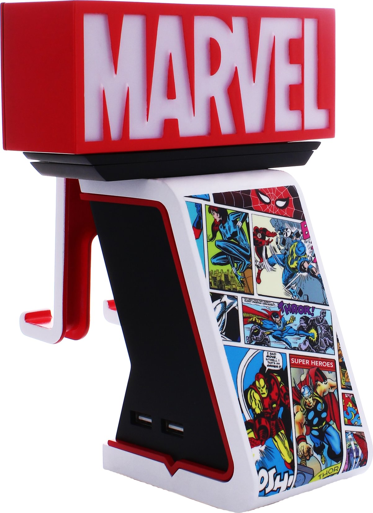Dispositivo a tema Marvel con un cartello MARVEL rosso, design a fumetti e porte USB.