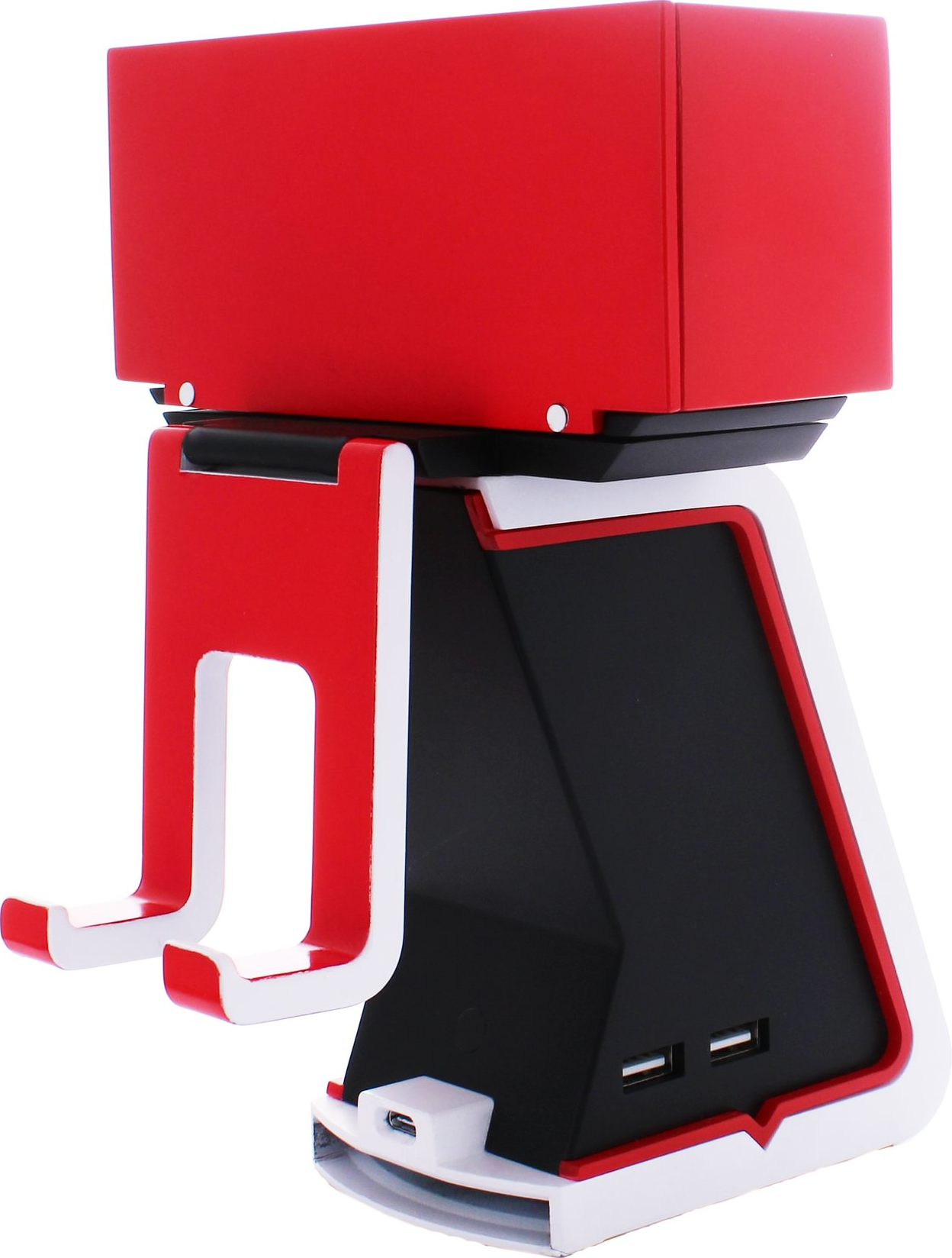 Supporto di ricarica rosso e nero con due porte USB.