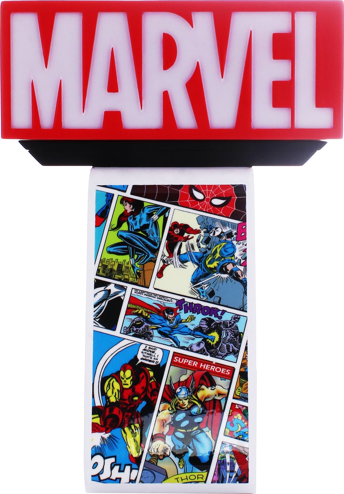 Un'apparecchio di illuminazione a marchio Marvel con un design a fumetti con vari supereroi.