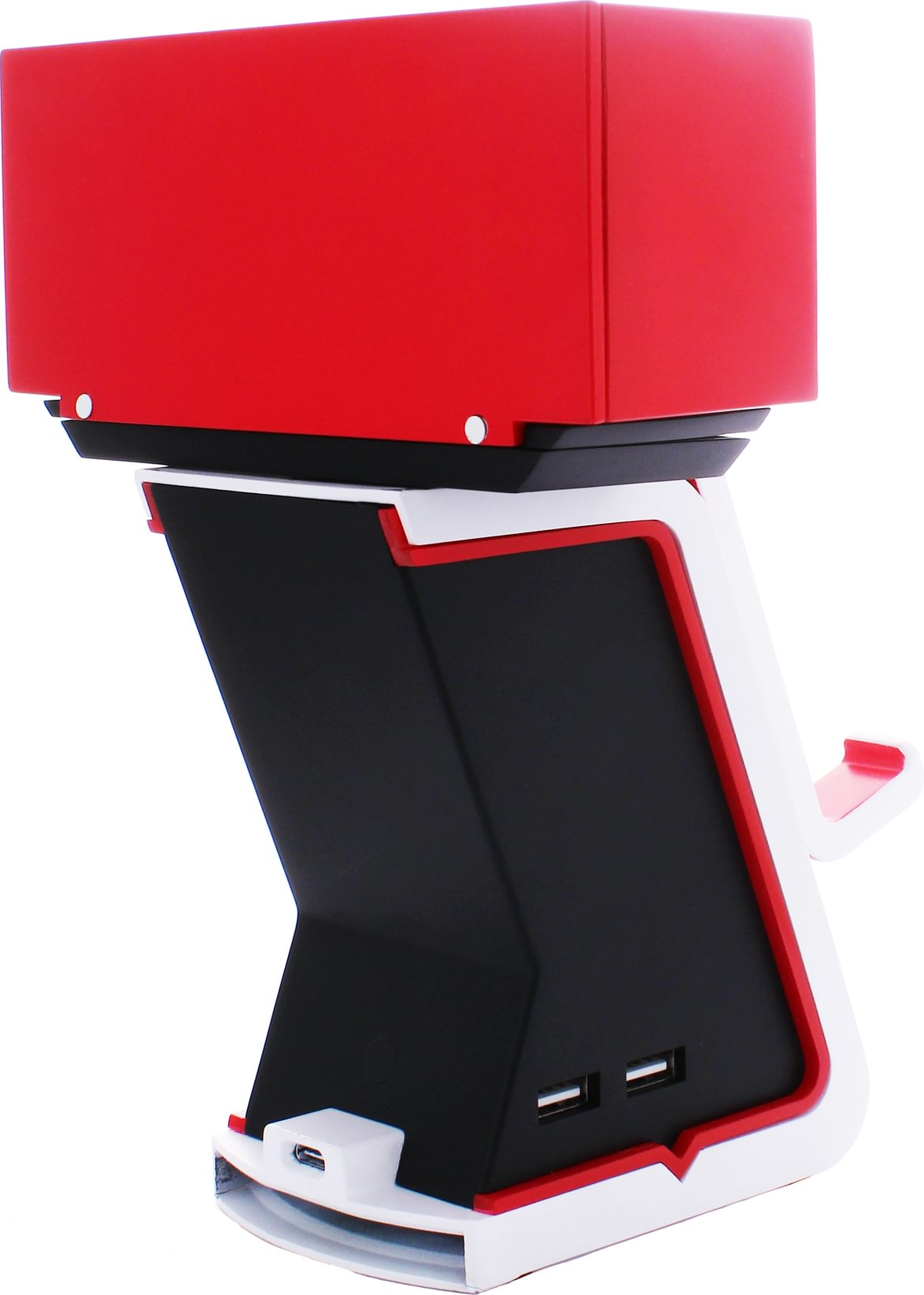 Supporto per controller di gioco, rosso e nero, con porte USB.