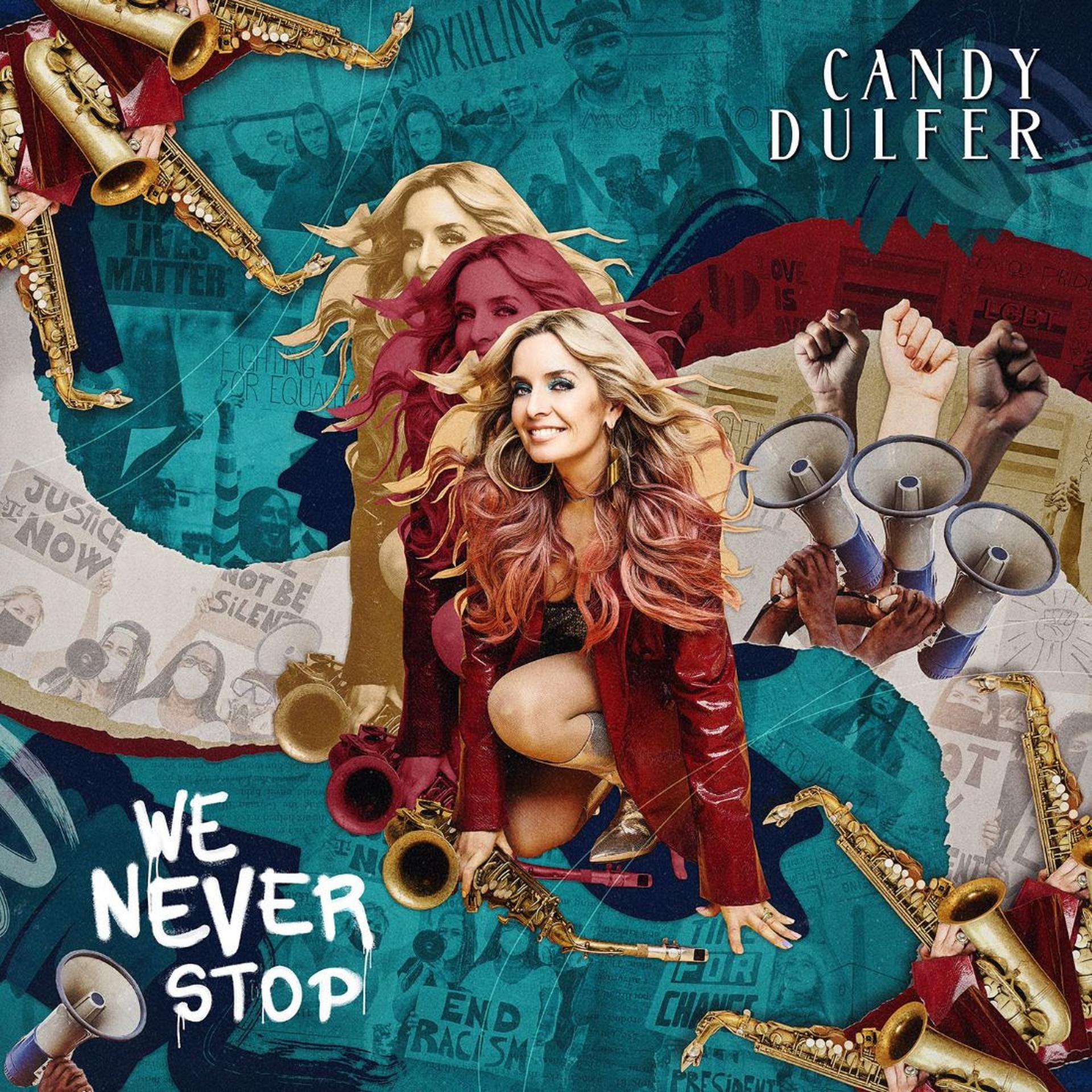 Album borító. Egy rózsaszín hajú nő, szaxofonokkal körülvéve, és a 'WE NEVER STOP' szöveg.
