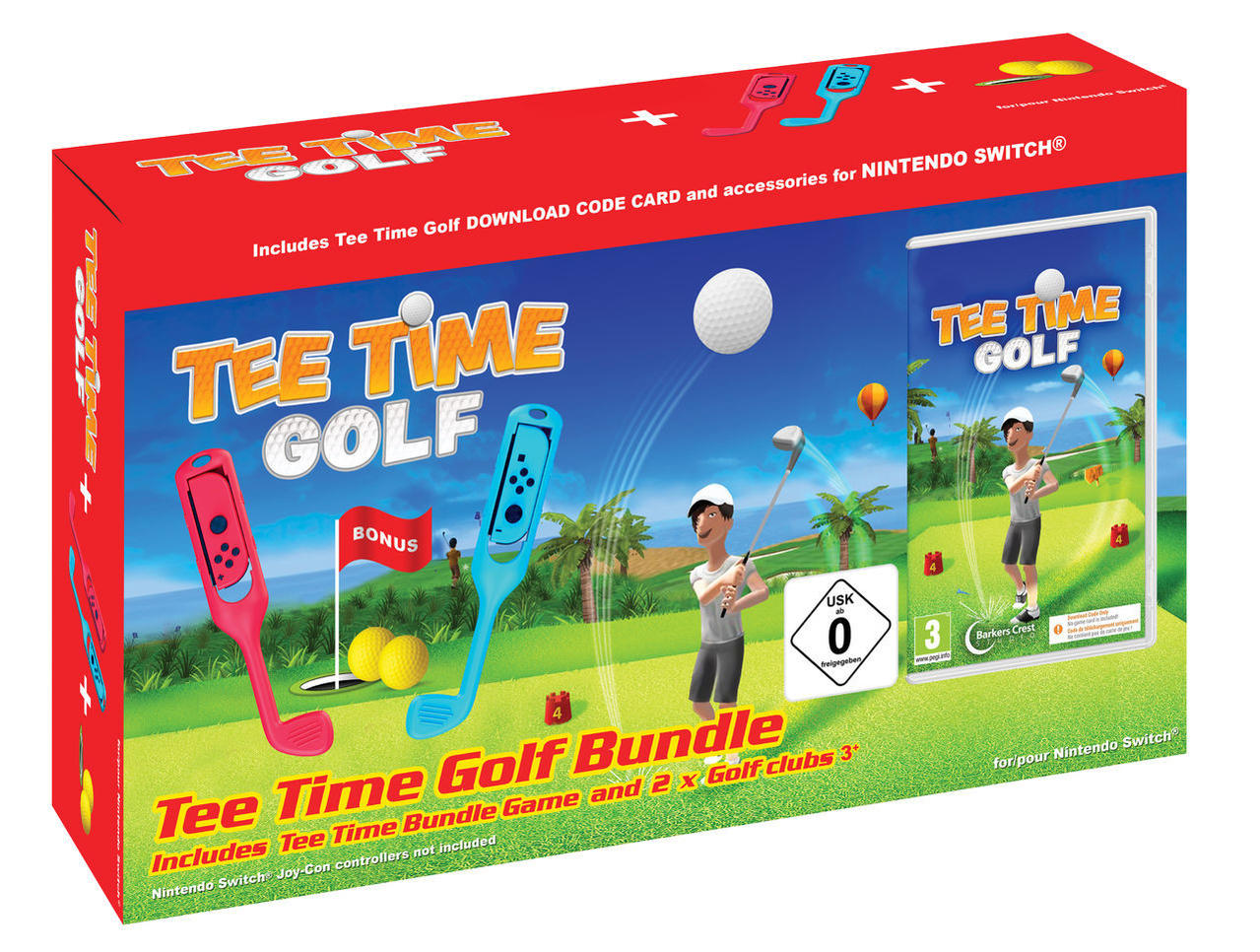 Tee Time Golf Bundle Box. Enthält Spiel, zwei Golfschläger, Golfbälle und ein Nintendo Switch-Spiel.