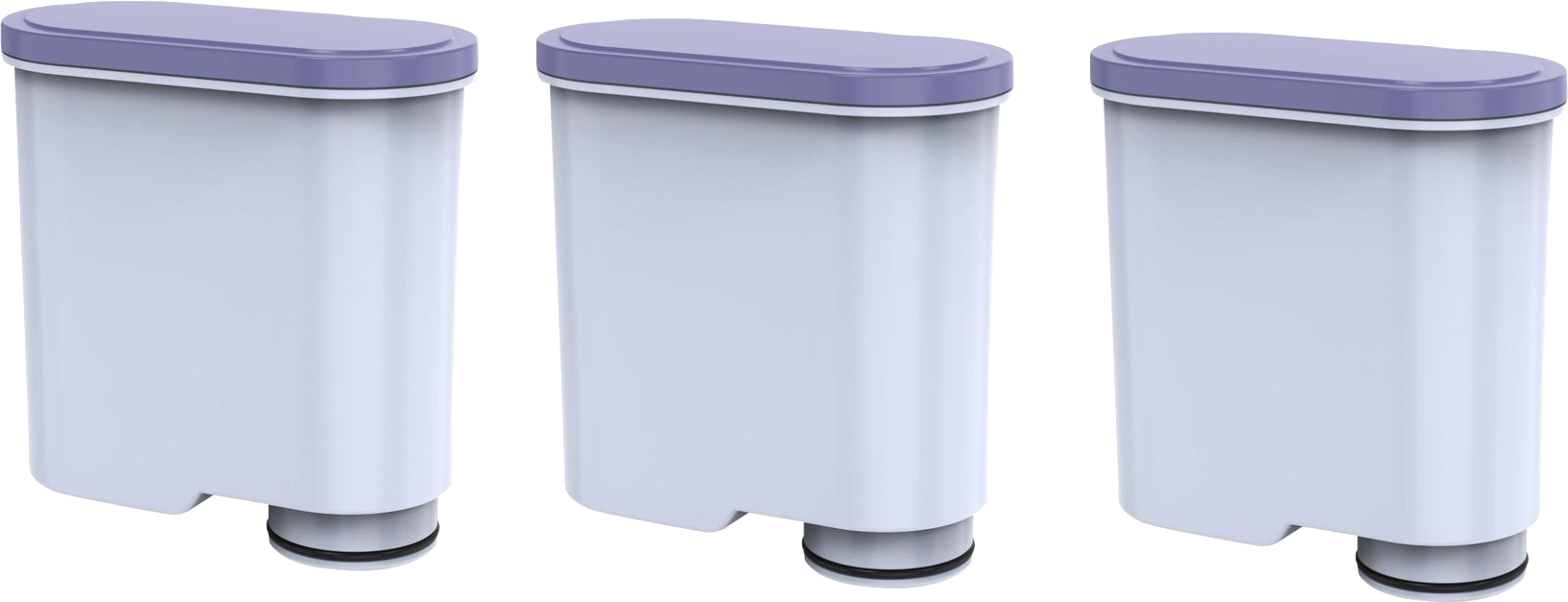 Drie witte waterfilterpatronen met paarse deksels. Schoon, eenvoudig ontwerp tegen een witte achtergrond.