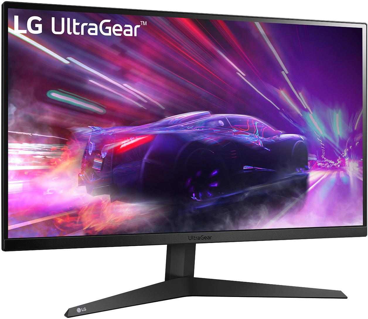 LG UltraGear Monitor, der eine nächtliche Autorennszene zeigt.