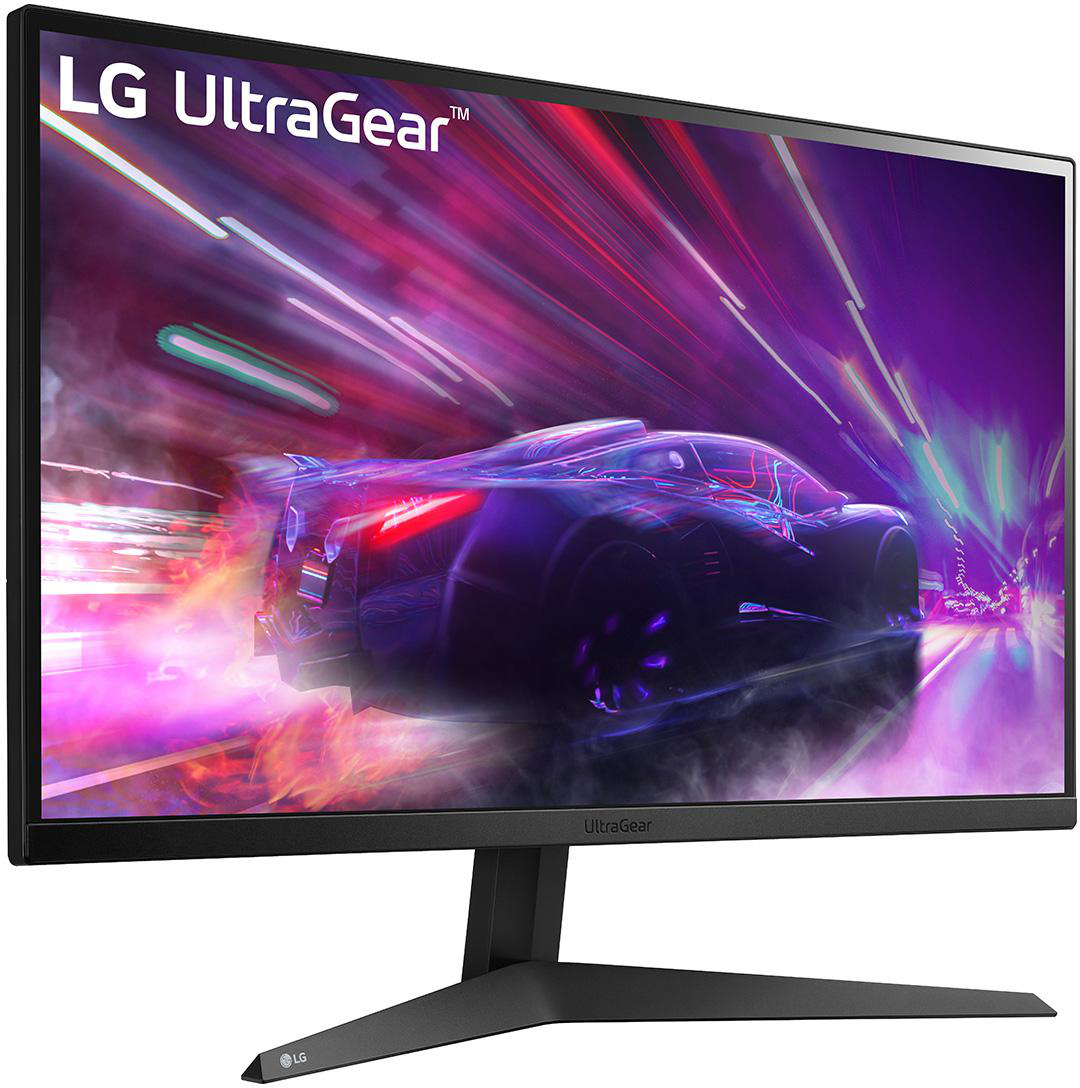 LG UltraGear Monitor mit einer Autorennszene, schwarzer Rahmen und Ständer.