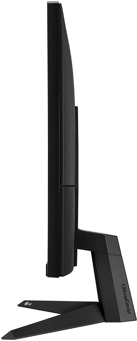 Seitenansicht eines schwarzen LG UltraGear Monitors. Er steht auf einem schwarzen Ständer. Der Bildschirm ist schwarz.