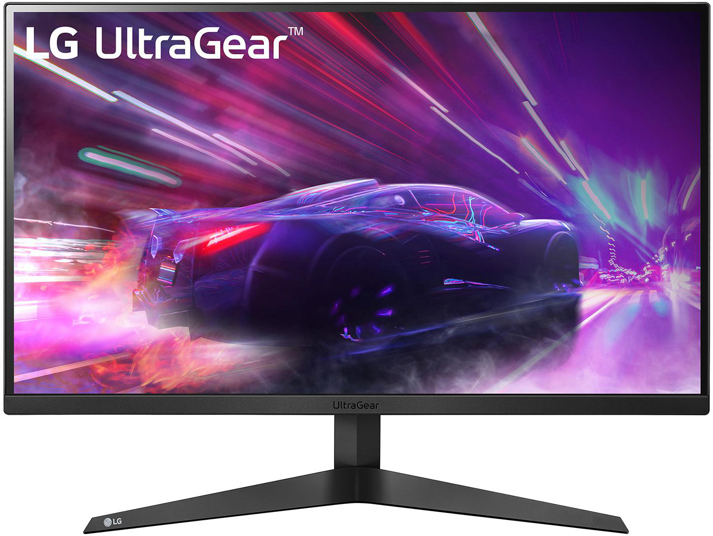 Ein Computermonitor mit schwarzem Rahmen und einer Rennwagengrafik auf dem Bildschirm. LG UltraGear Logo sichtbar.