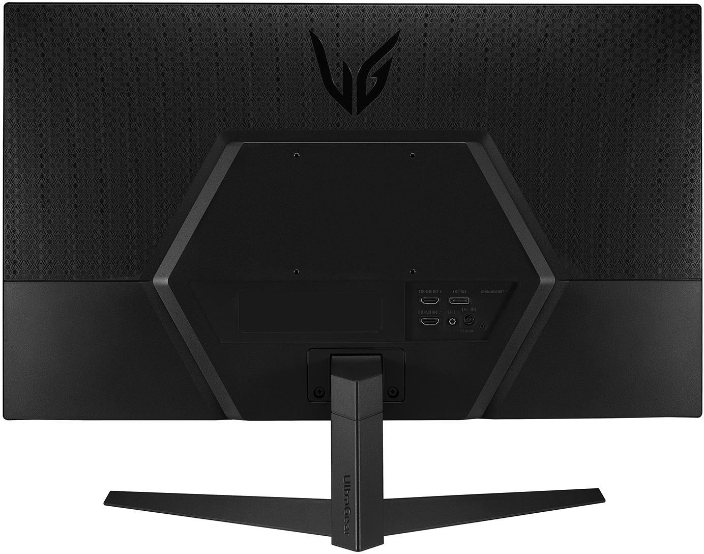 Rückseite des schwarzen LG-Monitors, zeigt Anschlüsse, Branding und ein sechseckiges Muster.