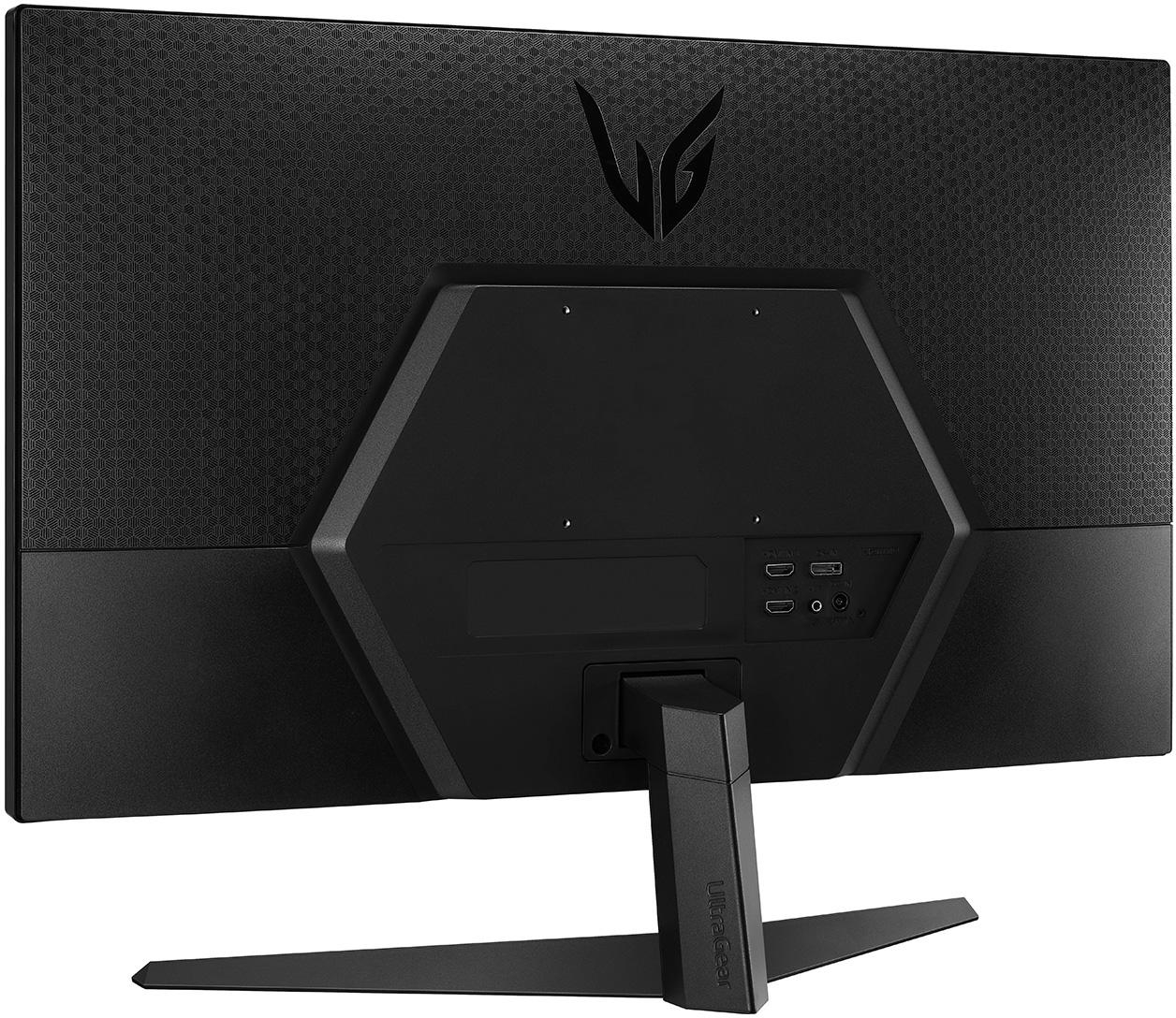 Rückseite eines schwarzen LG-Monitors mit Anschlüssen und Ständer.