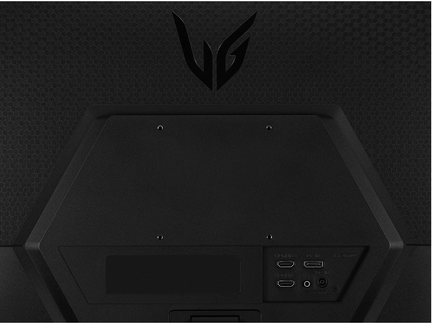 Rückansicht eines schwarzen Computermonitors mit LG-Logo und Anschlüssen.