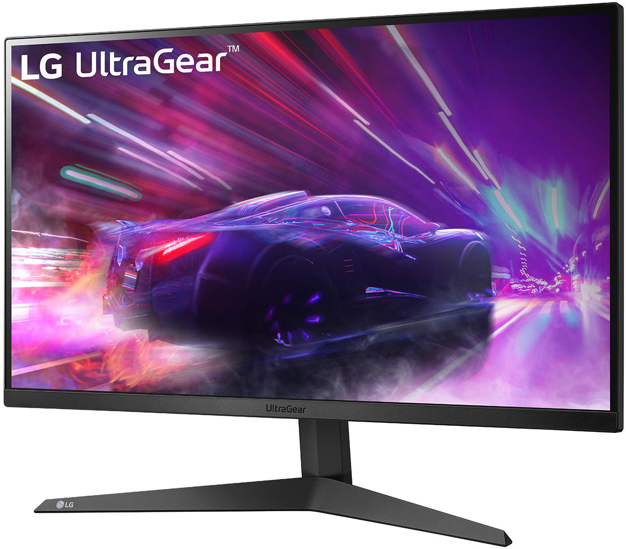 LG UltraGear Monitor, der eine Autorennszene anzeigt, umgeben von schwarzem Rahmen und Ständer.