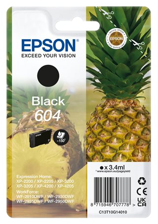 Epson inktcartridge verpakking. Zwarte inkt, ananas. Verpakking bevat productinfo en een uitsparing.