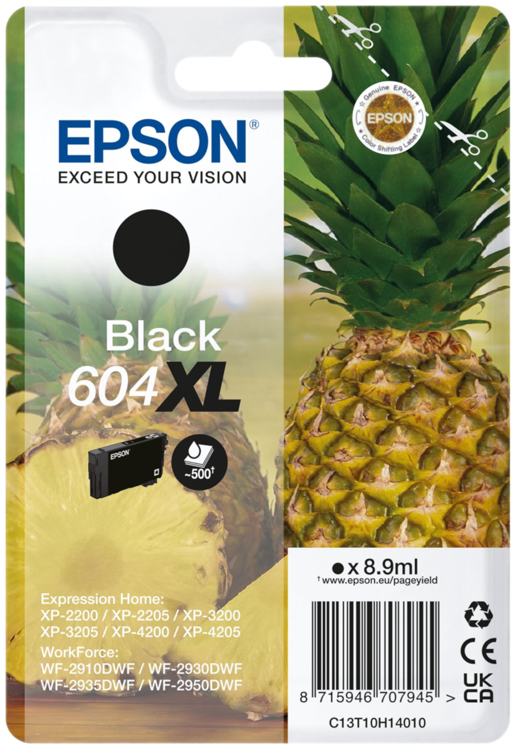 Epson zwarte inktcartridge. Ananas met zwarte cartridge, tekst en Epson-logo op witte achtergrond.