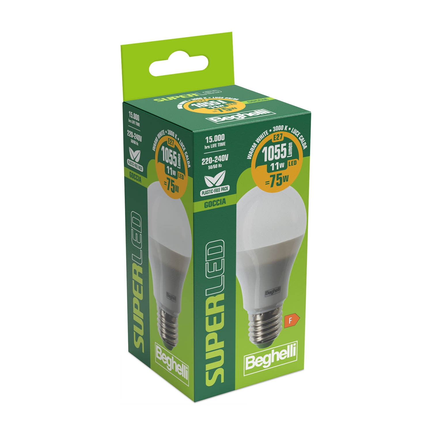 Una scatola di lampadine a LED, design verde e bianco. Visualizza informazioni sul prodotto come watt e lumen.