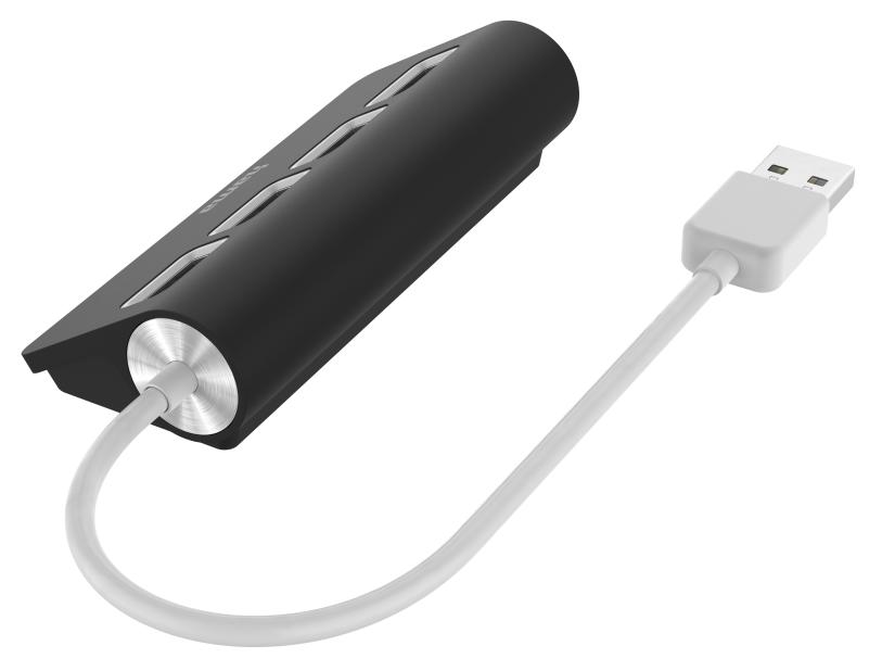 Fekete USB hub négy porttal és fehér USB kábellel.