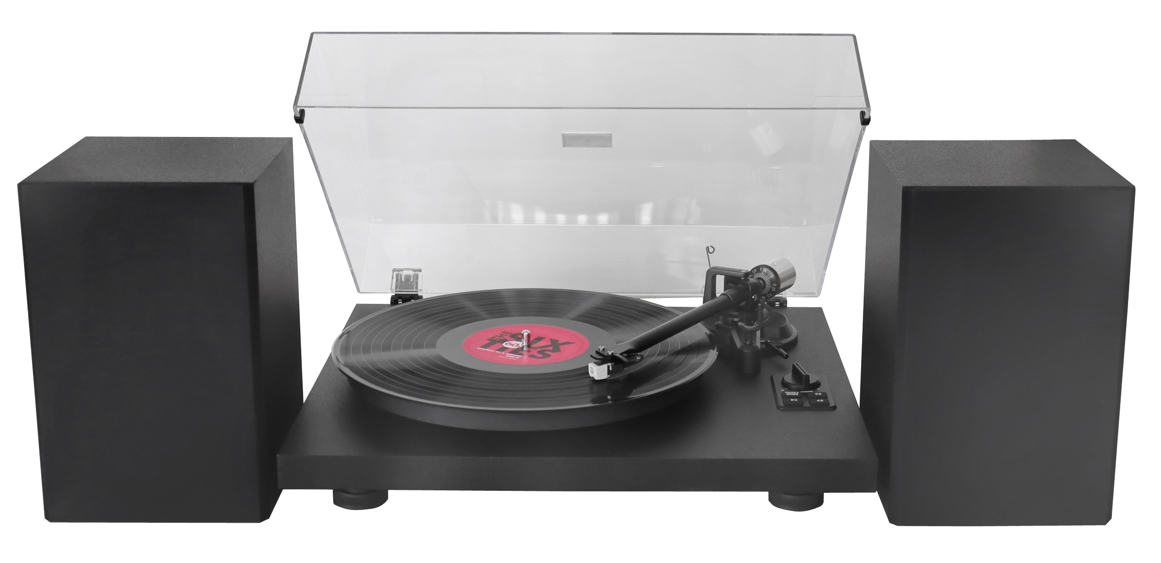 Ein Plattenspieler mit einer Schallplatte und zwei schwarzen Lautsprechern.