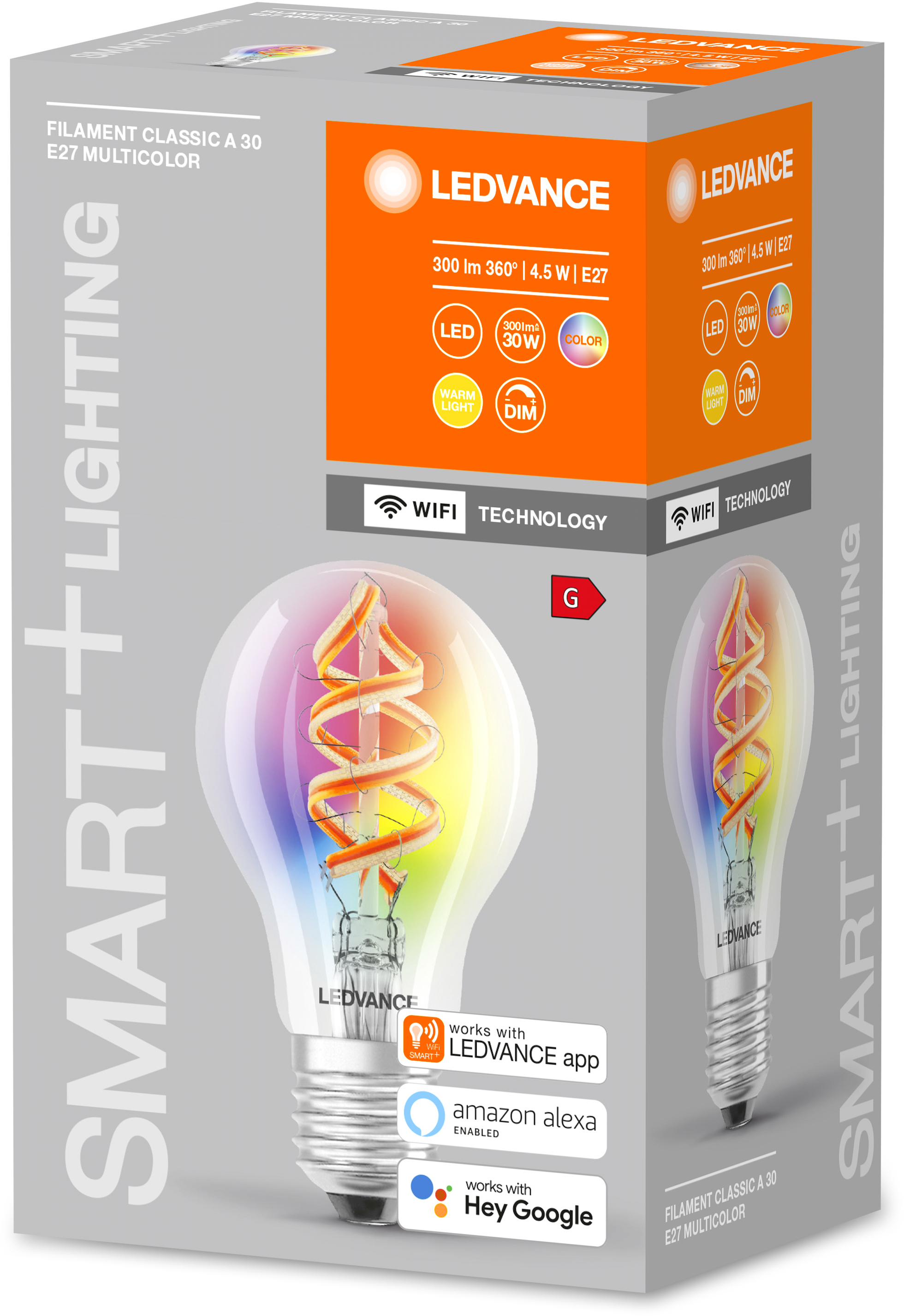 Karton mit einer bunten Glühbirne, Text auf der Box: 'LEDVANCE SMART+ LIGHTING'.