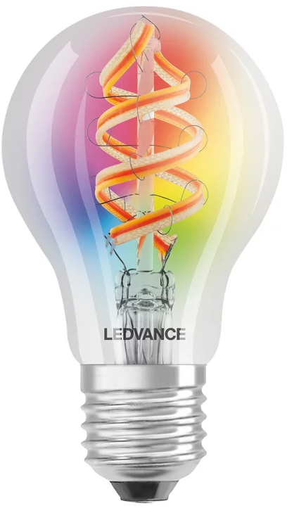 Eine farbenfrohe LED-Glühbirne mit Wendelfaden.