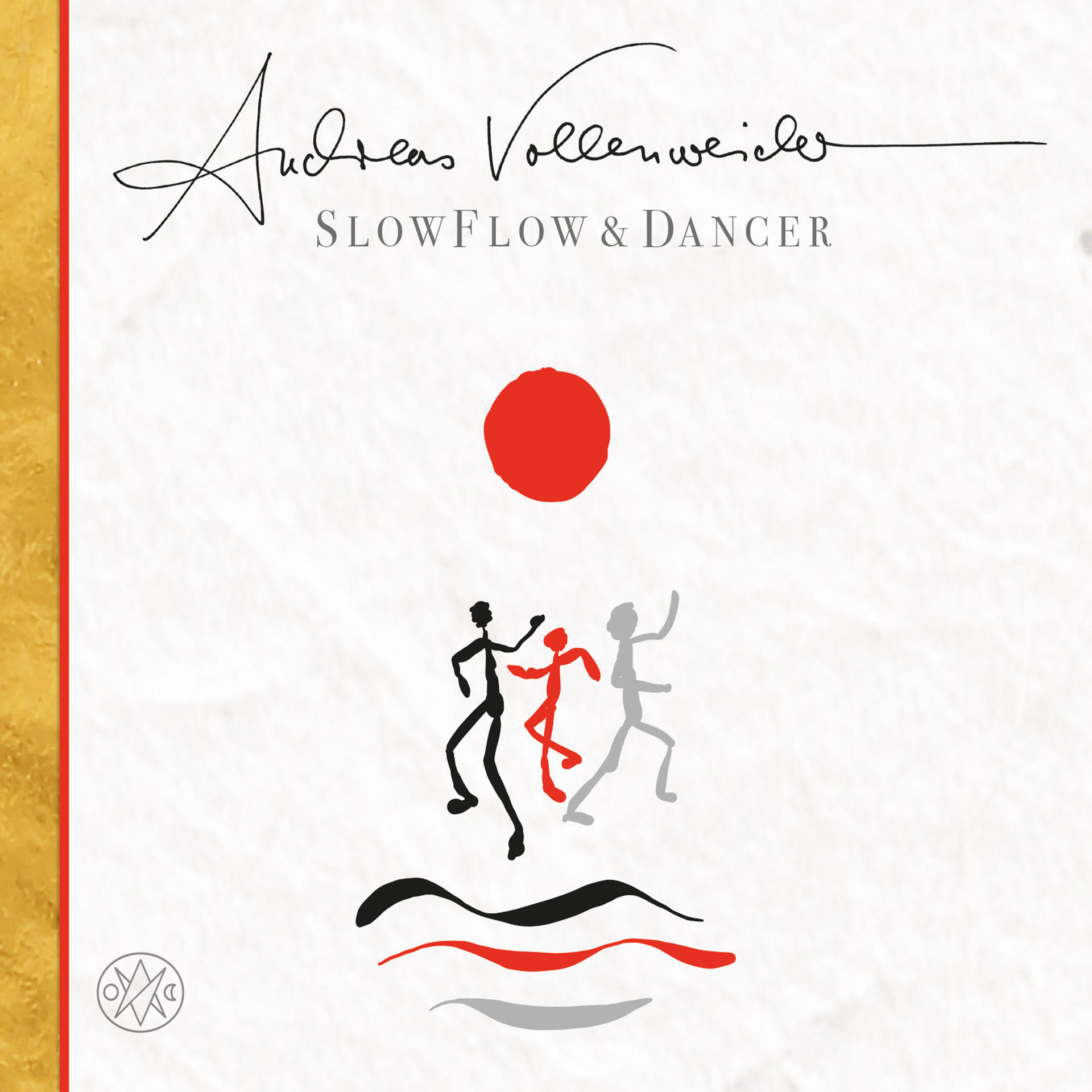 Album borító, a művész nevével, egy piros nap és táncoló pálcika emberek. A szöveg: 'SLOWFLOW & DANCER'.