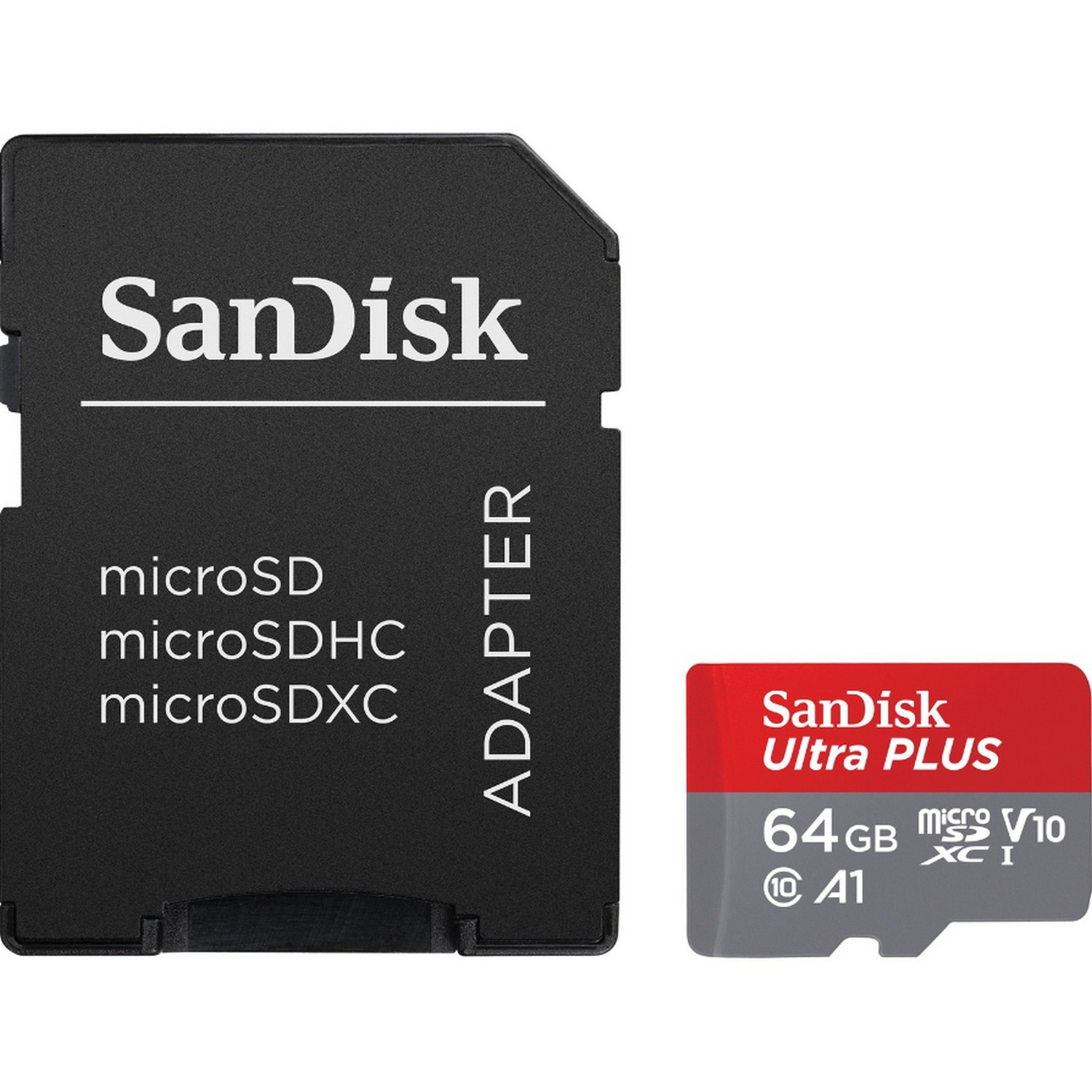 Una tarjeta microSD Sandisk con un adaptador y una tarjeta microSD de 64 GB.