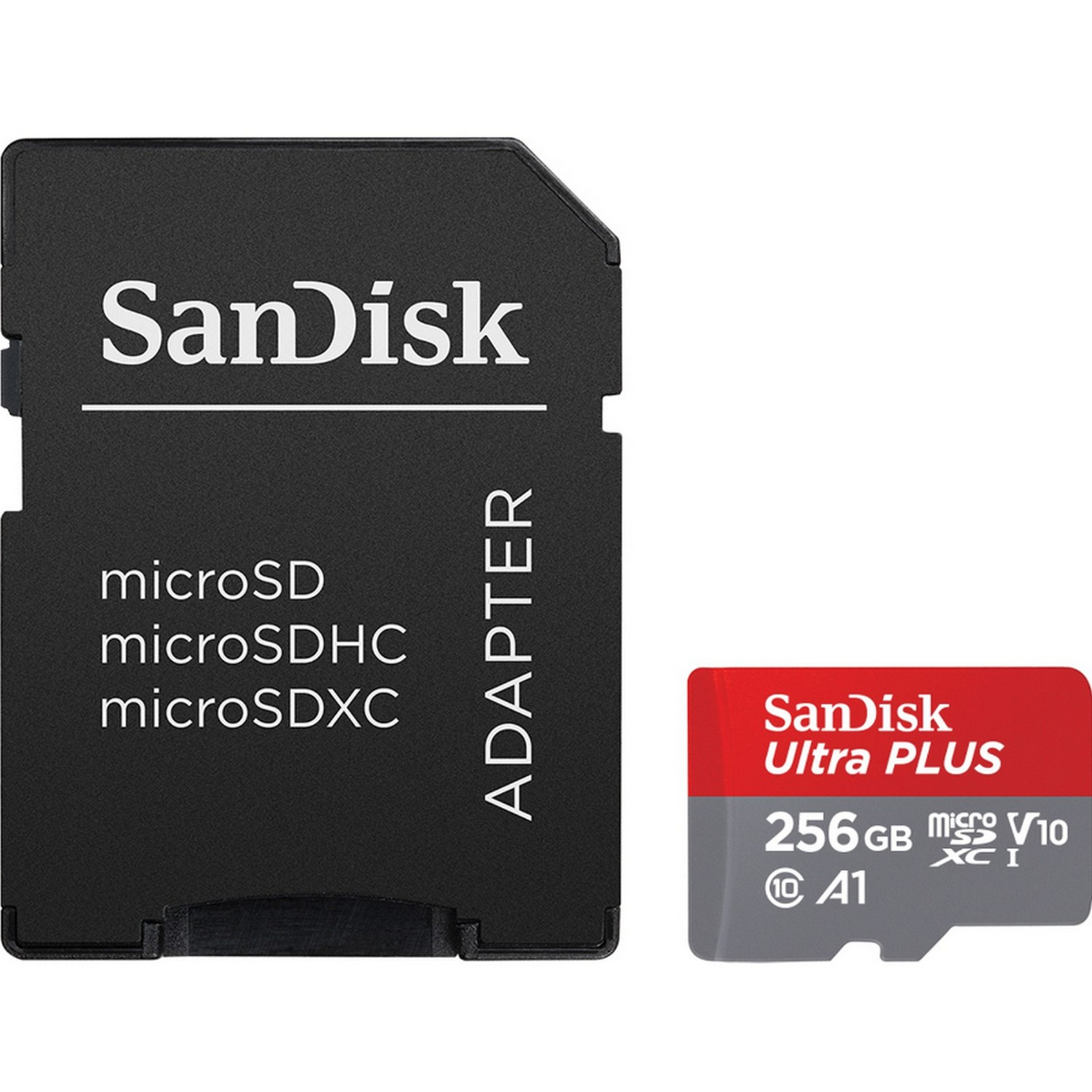 Tarjeta microSD SanDisk y adaptador, negro y rojo, con nombre de marca y especificaciones.