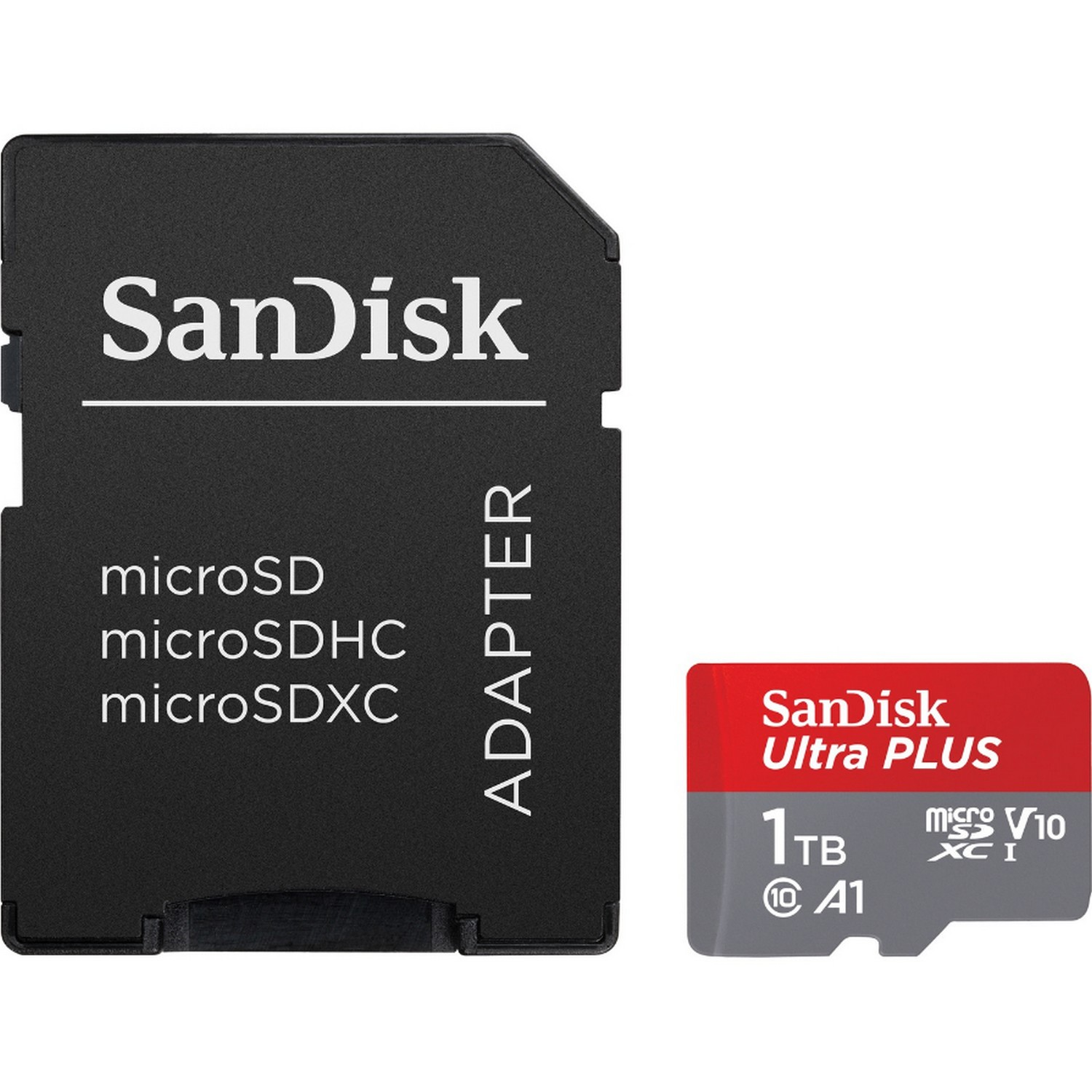 Un adaptador SanDisk negro y una tarjeta micro SD SanDisk Ultra Plus roja y negra.
