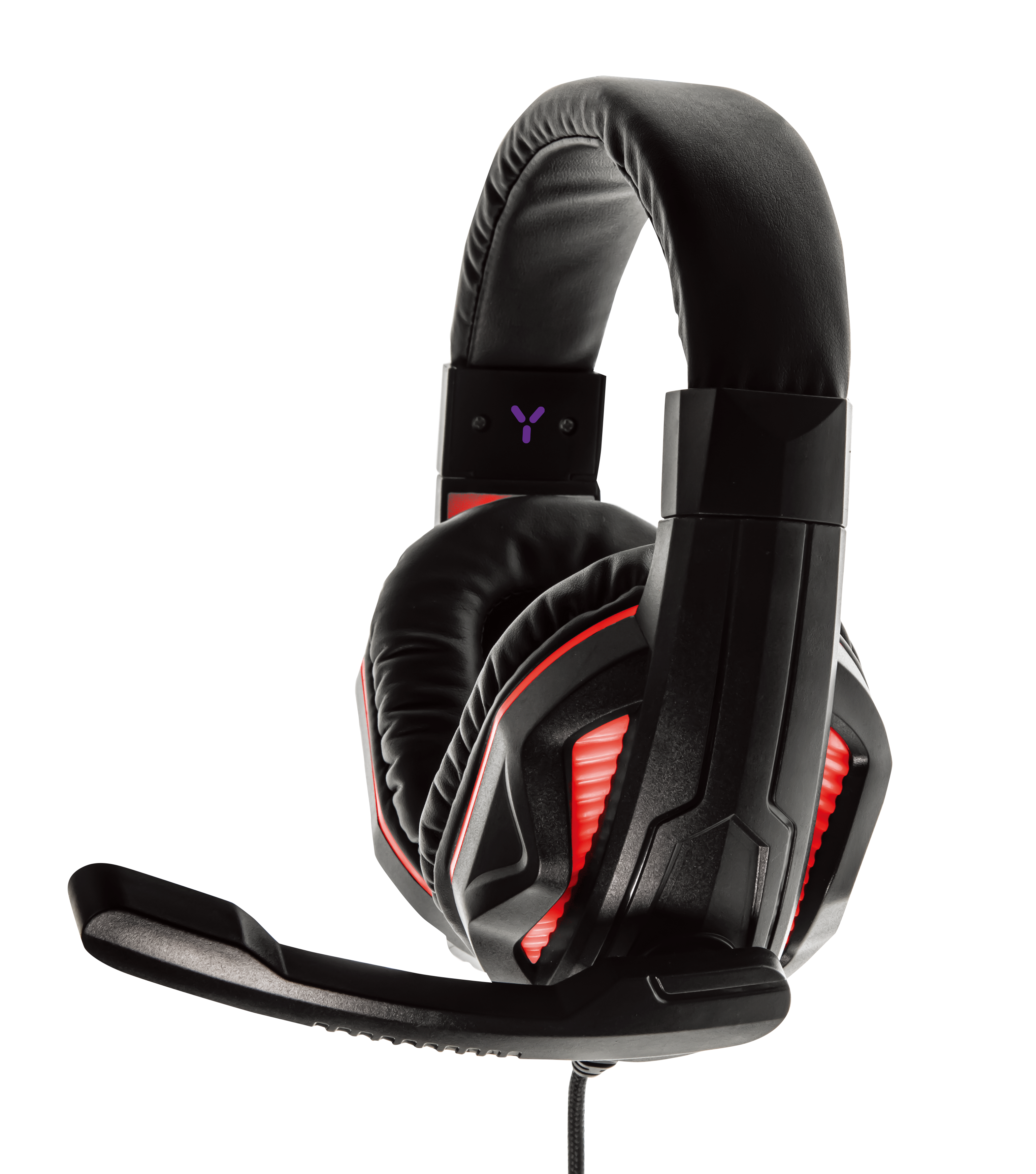 Schwarzes Gaming-Headset mit roten Akzenten und Mikrofon.