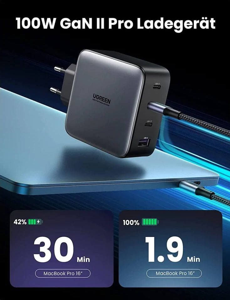 Chargeur noir avec plusieurs ports. Il est connecté à un ordinateur portable et affiche la charge.