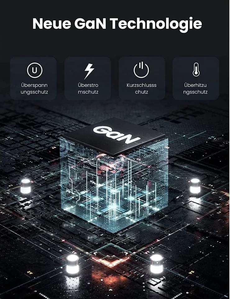 Un chargeur GaN avec des icônes de protection et un circuit imprimé.