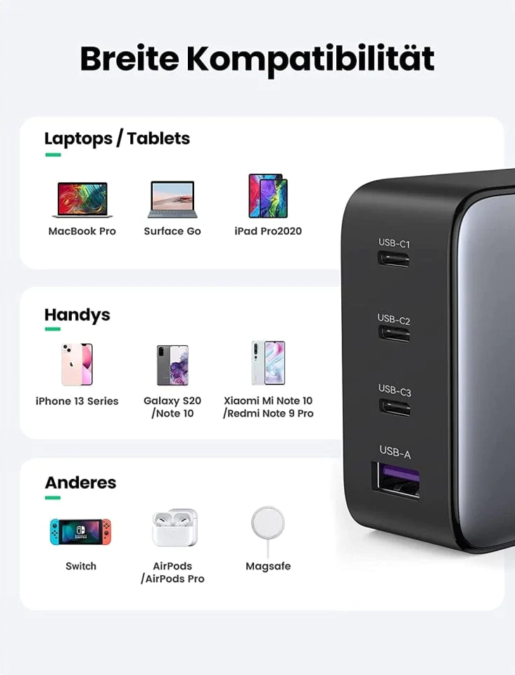 Chargeur noir avec plusieurs ports USB et une variété d'appareils connectés.