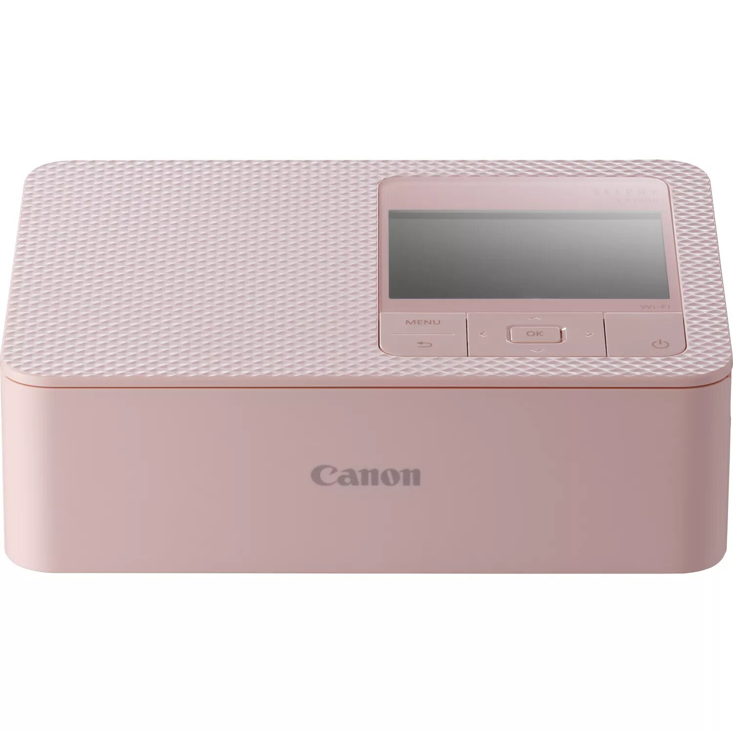Ein rosa Canon Selphy Square Fotodrucker mit kleinem Bildschirm und Knöpfen.