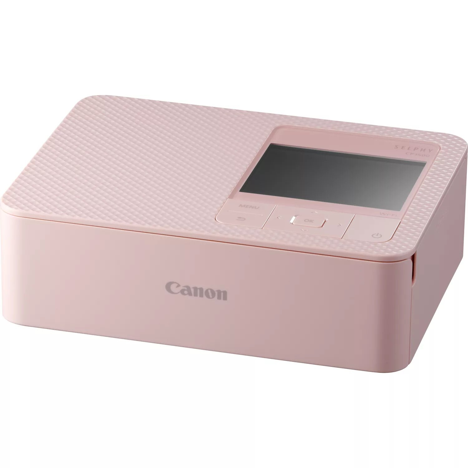 Pinkfarbener Canon Selphy Fotodrucker mit schwarzem Bildschirm und Bedienelementen.