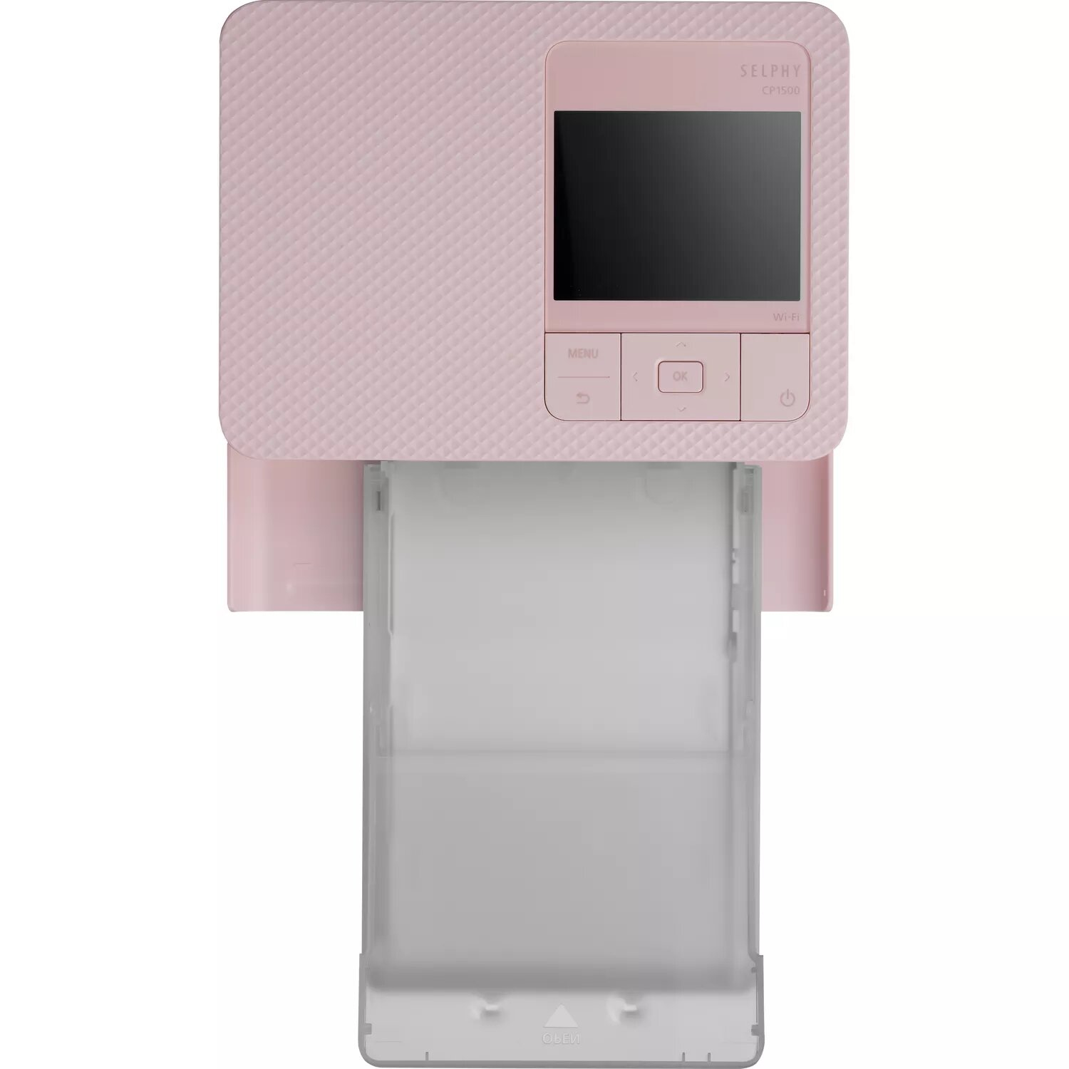 Rosa Canon Selphy CP1300 Fotodrucker mit ausgezogenem Papierfach und kleinem Display.
