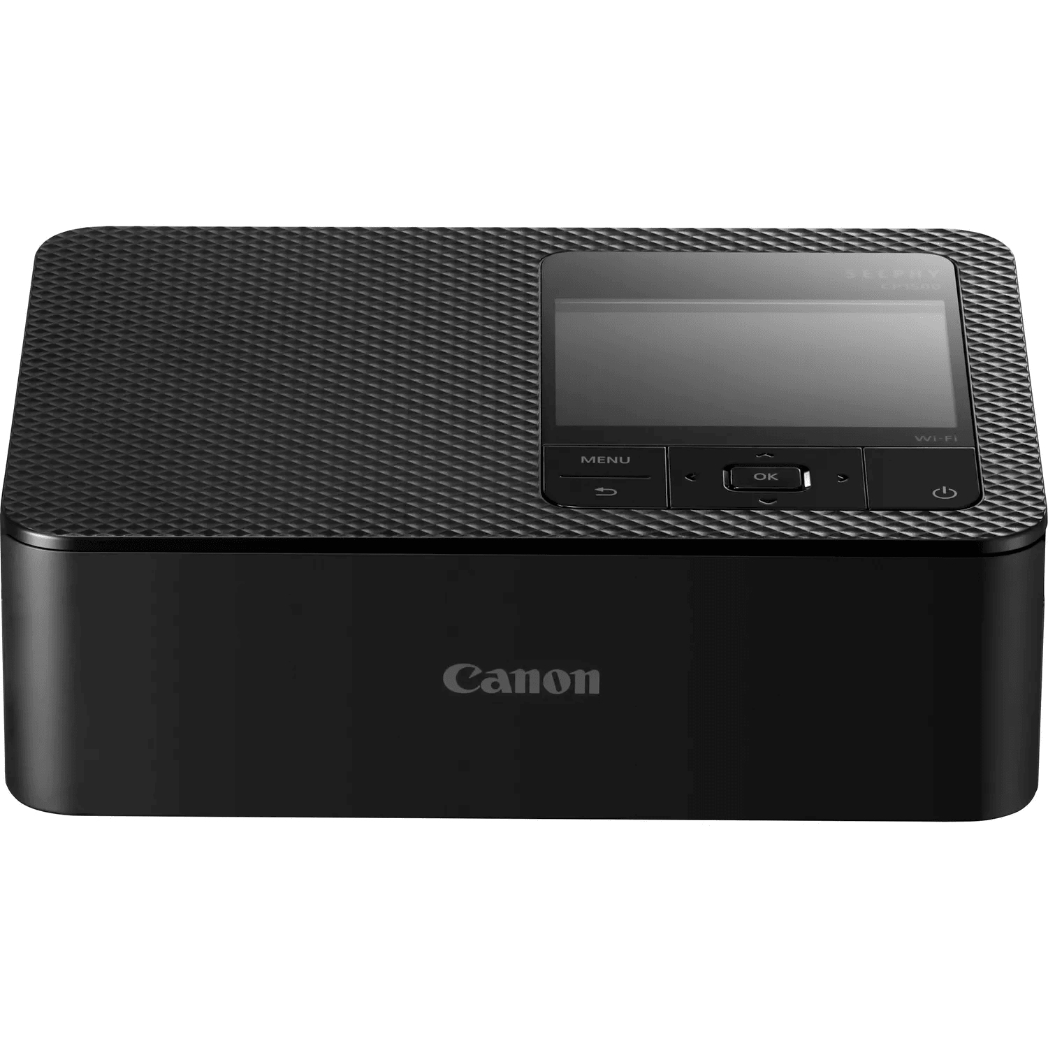 Ein schwarzer Canon Selphy Drucker. Er hat eine strukturierte Oberseite und ein Display. Canon Logo vorne.