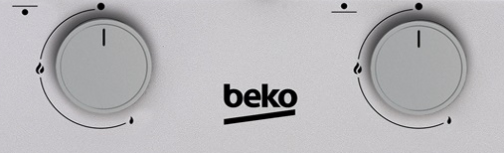 Dos perillas blancas de control de horno con marcas negras y el logo "beko" en superficie blanca.
