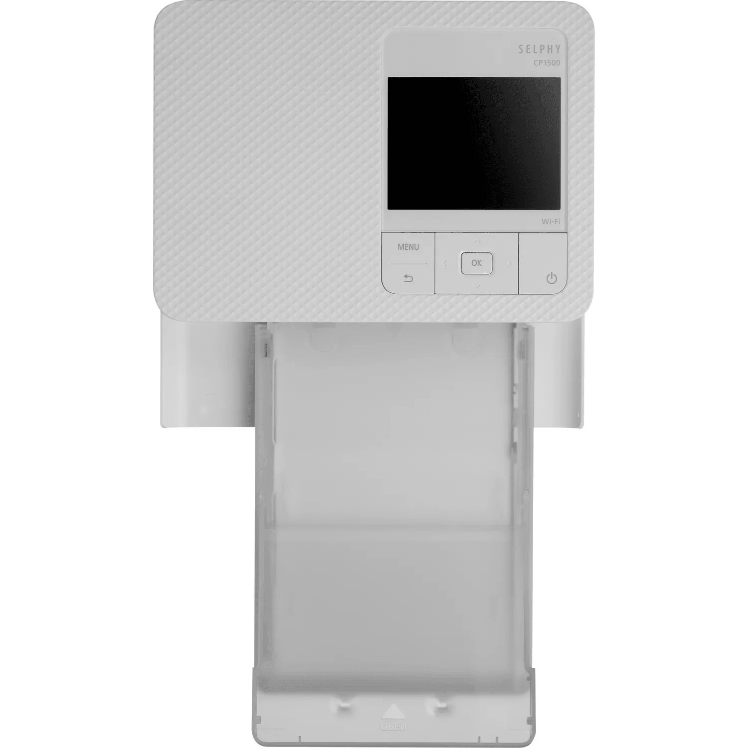 Weißer Drucker mit LCD-Bildschirm, Tasten und Papierschacht.