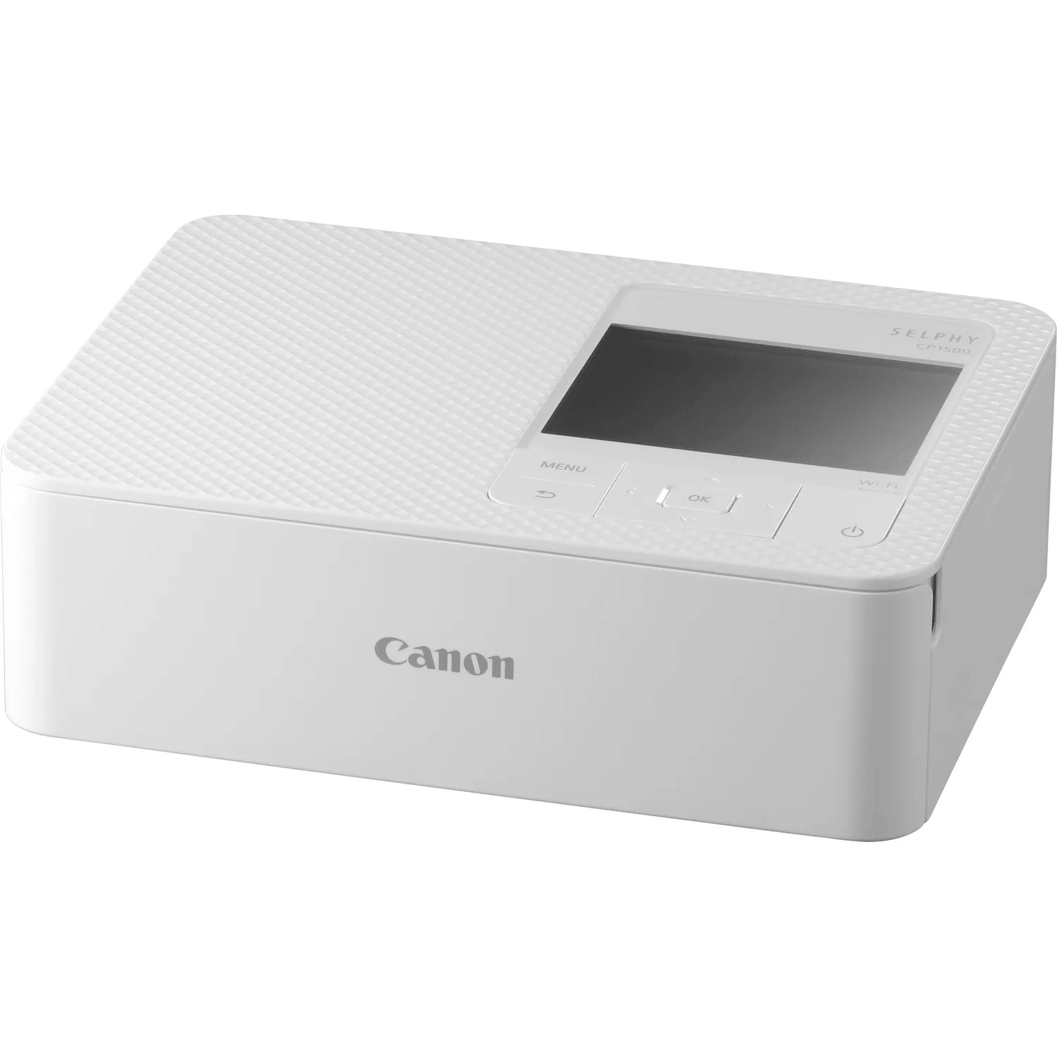 Ein weißer Canon Selphy Fotodrucker mit Bildschirm und Knöpfen auf weißem Hintergrund.