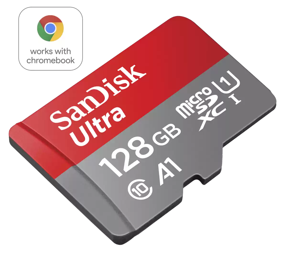 Egy Sandisk Ultra microSD kártya. Piros és szürke, 128 GB-os.