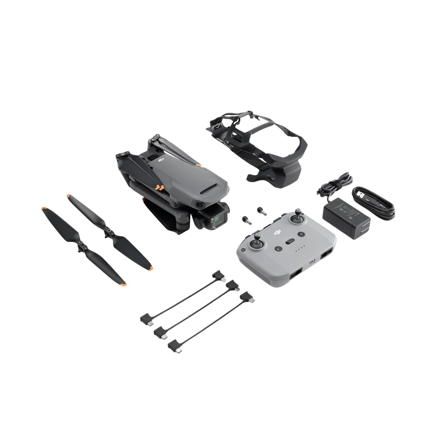 DJI drone kit, drone, afstandsbediening, oplader, propellers en accessoires.