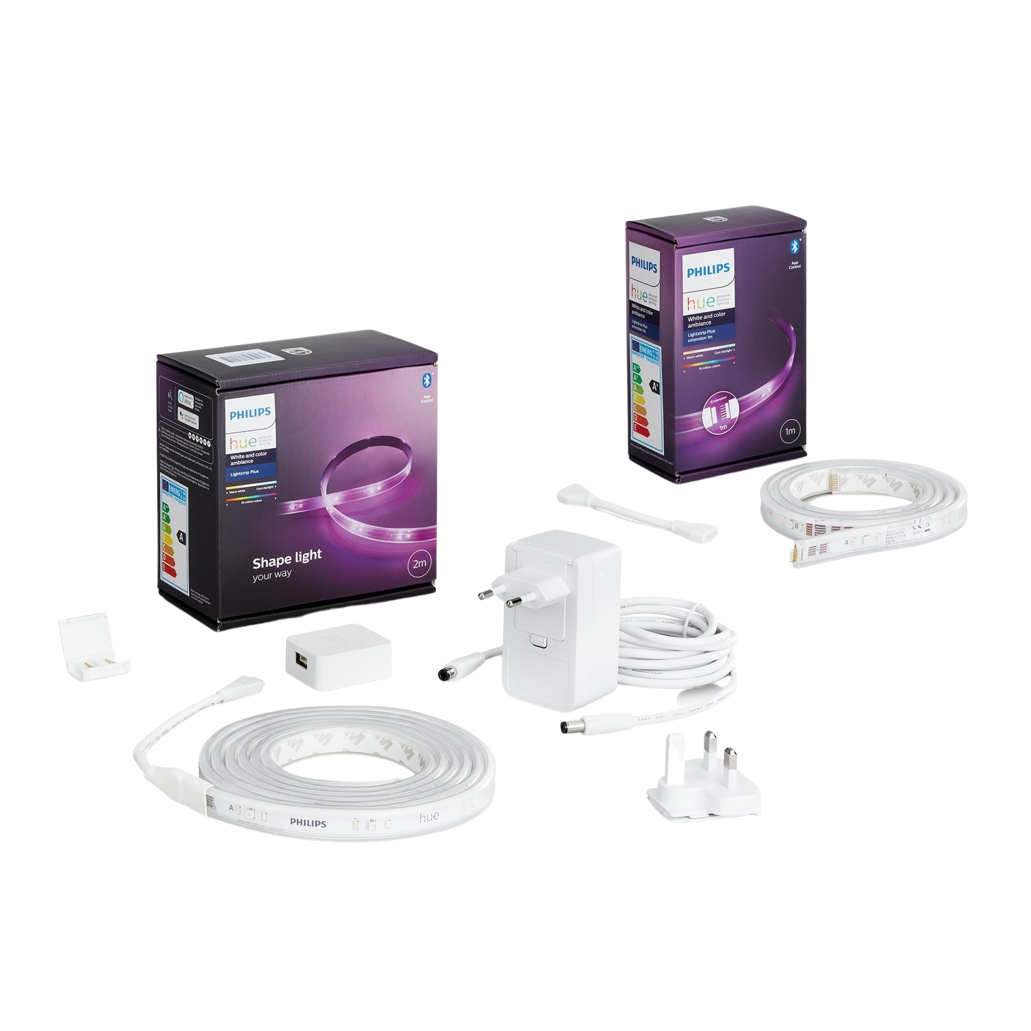 Philips Hue slimme verlichtingskit. Inclusief lichtstrips, voeding en besturingseenheid in dozen.