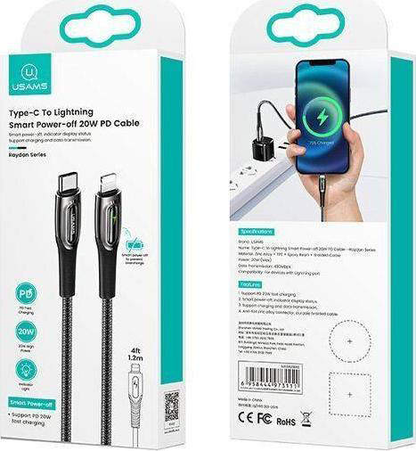 Csomagolódoboz egy Type-C-Lightning töltőkábellel és egy telefonnal.