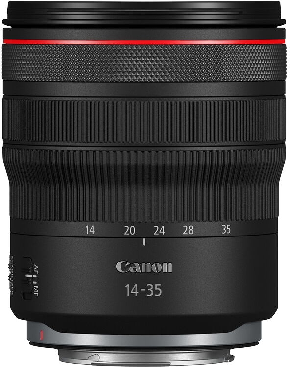 Canon 14-35 objektív, fókusz- és zoomjelölésekkel.