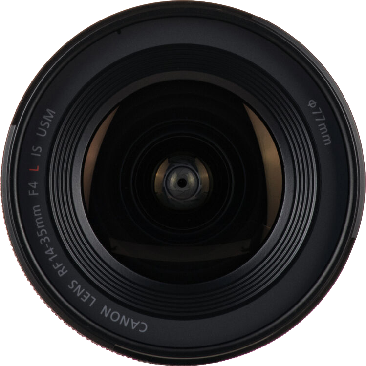 Egy fekete fényképezőgép-objektív közeli képe, látható Canon Lens és méretekkel.